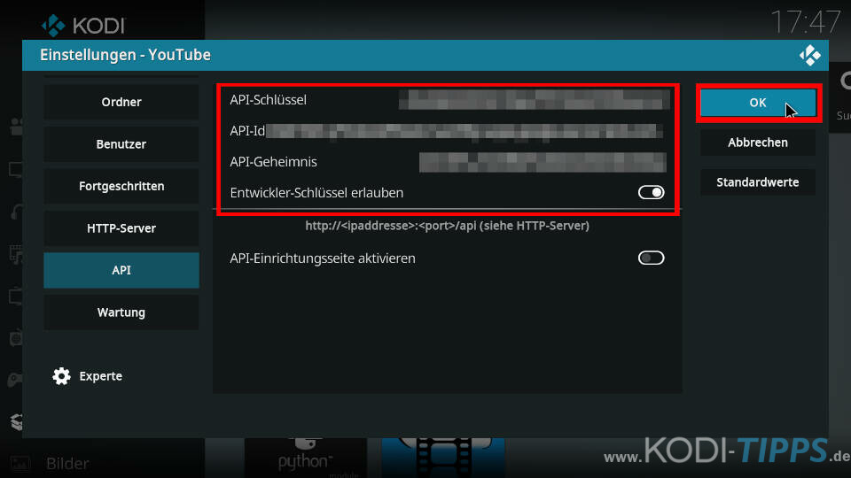 Ingrese la clave API en el addon YouTube Kodi - paso 4