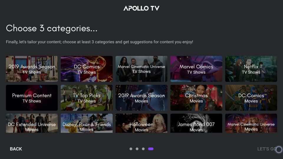 Elegir categorías - Apollo TV en Firestick