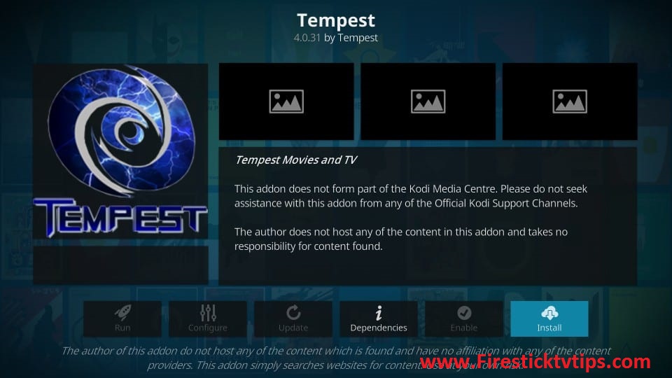 Toque el botón Instalar para obtener el complemento Tempest Kodi