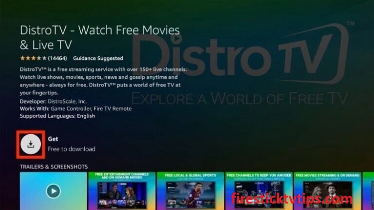Haga clic en Obtener para instalar la aplicación Distro TV