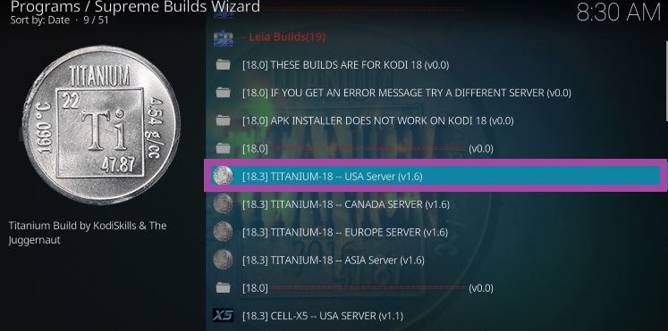 Seleccione el servidor de EE. UU. para obtener Titanium Kodi Build