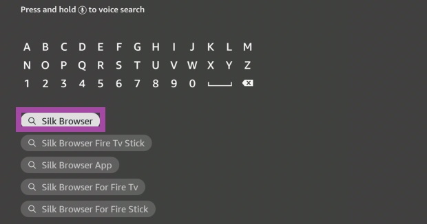 Escriba navegador Silk en la barra de búsqueda