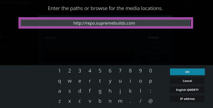 ingrese la URL del archivo fuente de Supreme Builds para obtener Titanium Kodi Build